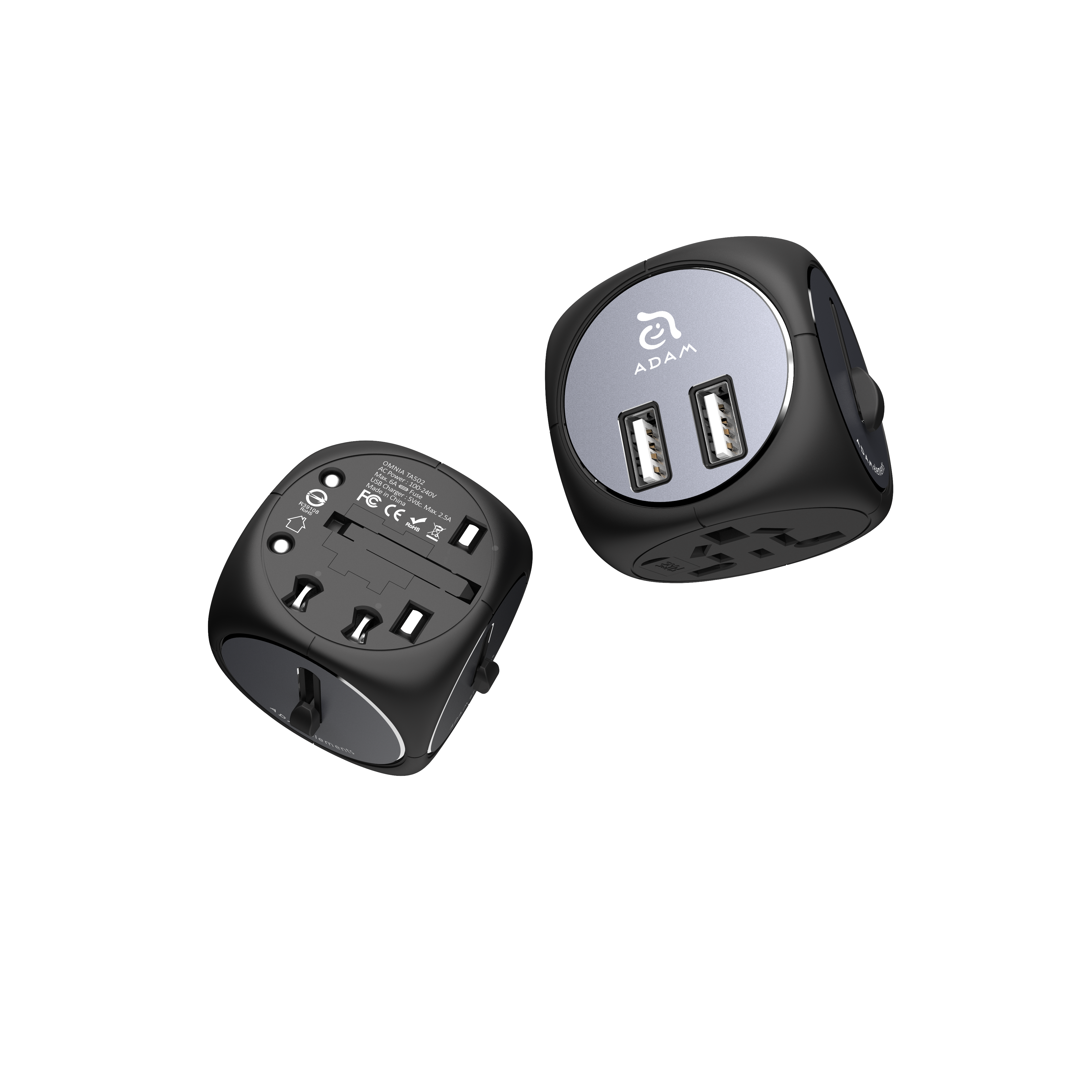 OMNIA TA502 | Schwarz/Grau | Reiseadapter | 2 USB-Ports
