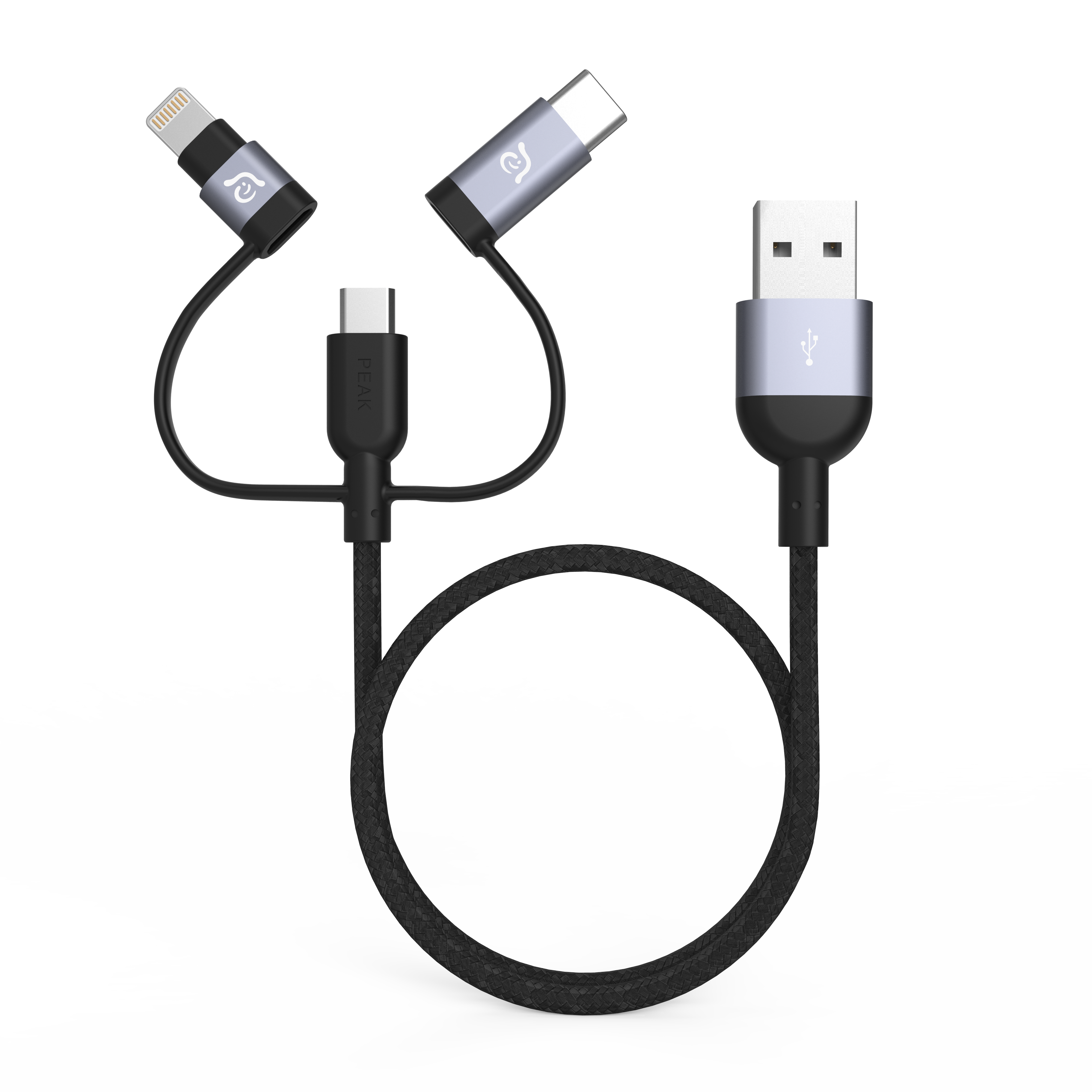 PeAk II Trio 120B | 120cm | Grau | MFi Lightning/USB-C &amp; Micro USB Kabel