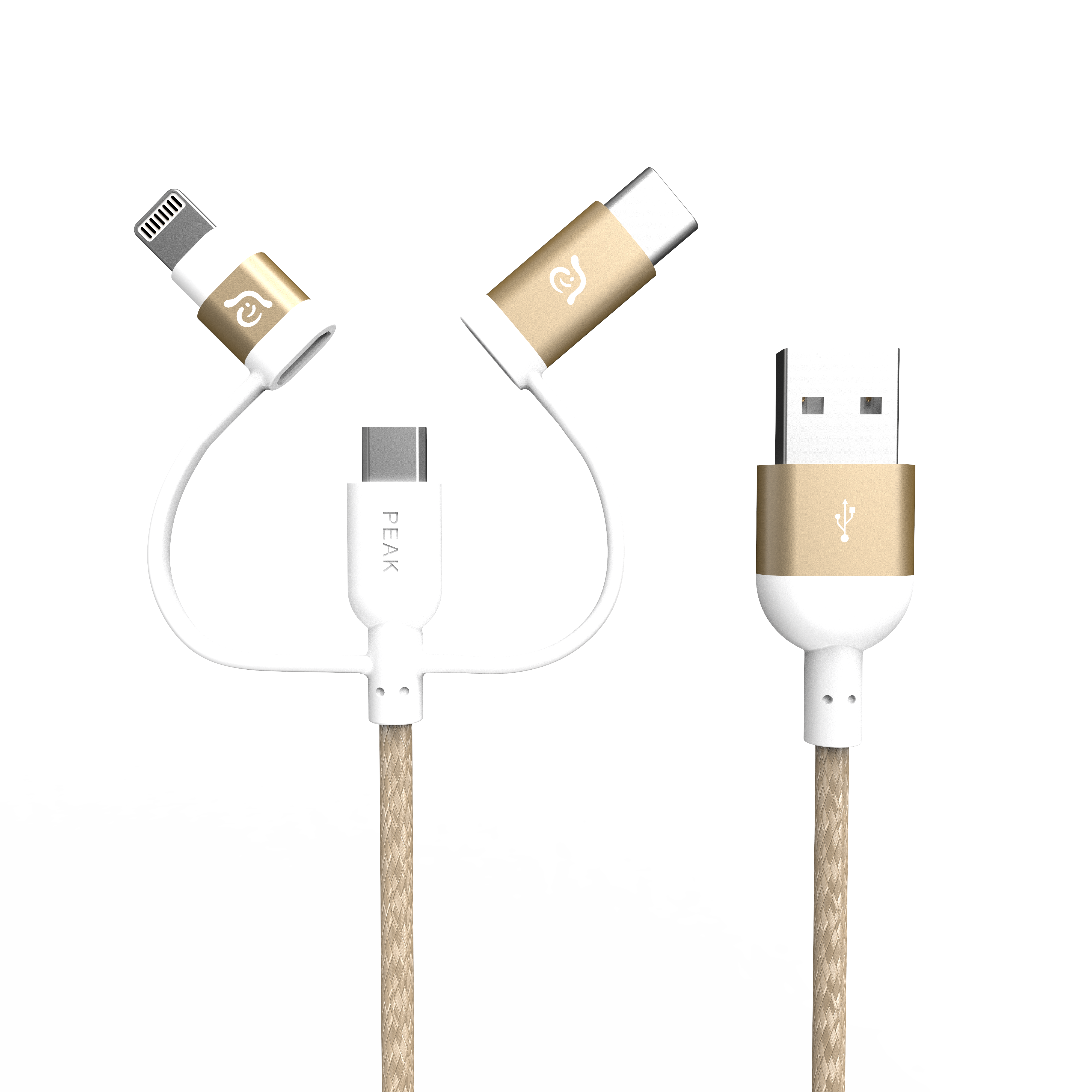 PeAk II Trio 120B | 120cm | Gold | MFi Lightning/USB-C & Micro USB Kabel