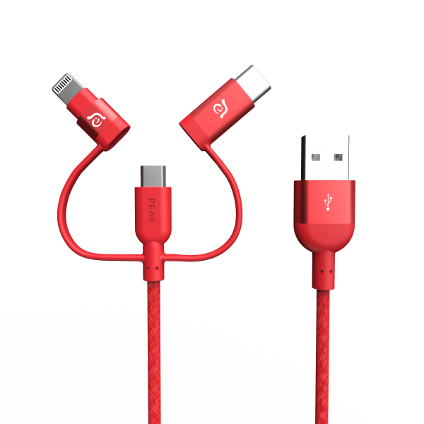 PeAk II Trio 120B | 120cm | Rot | MFi Lightning/USB-C & Micro USB Kabel